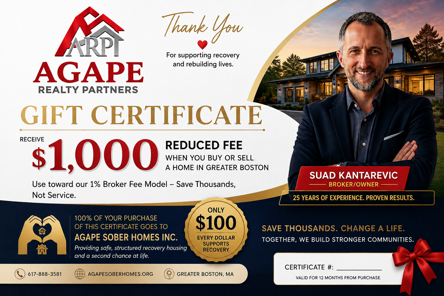 $1,000 Reduced Broker Fee Gift Certificate – Greater Boston Home Buyers & Sellers